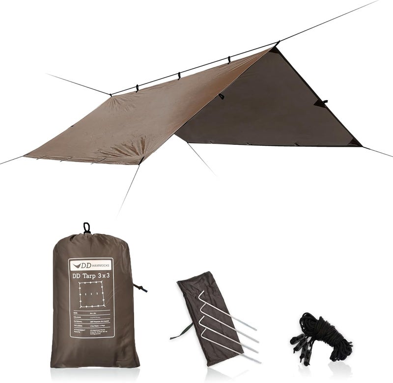DD HAMMOCKS - DD Tarp 3x3 - Coyote Brown (10ft x 10ft) - 100% Waterproof - Lightweight & Multifunctional Rainfly Tarp Tent Shelter for Camping & Travel Adventure - Image 1